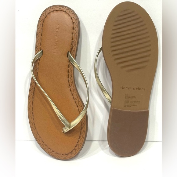 Vineyard Vines Sandals 6 Thong Gold Flip Flops Summer Beach Leather Skinny Strap - Picture 4 of 10